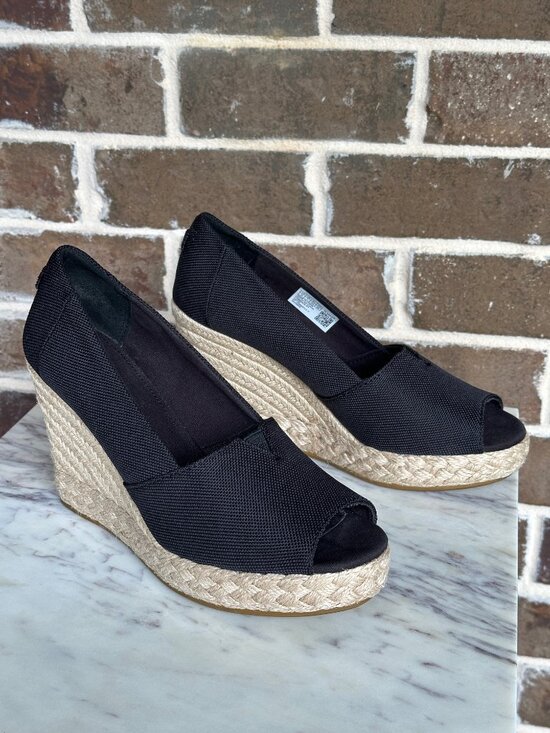 Toms Shoes - TOMS Michelle Peep Toe Espadrille Wedge Pump Black Sandal Slip-on Heels Size 9